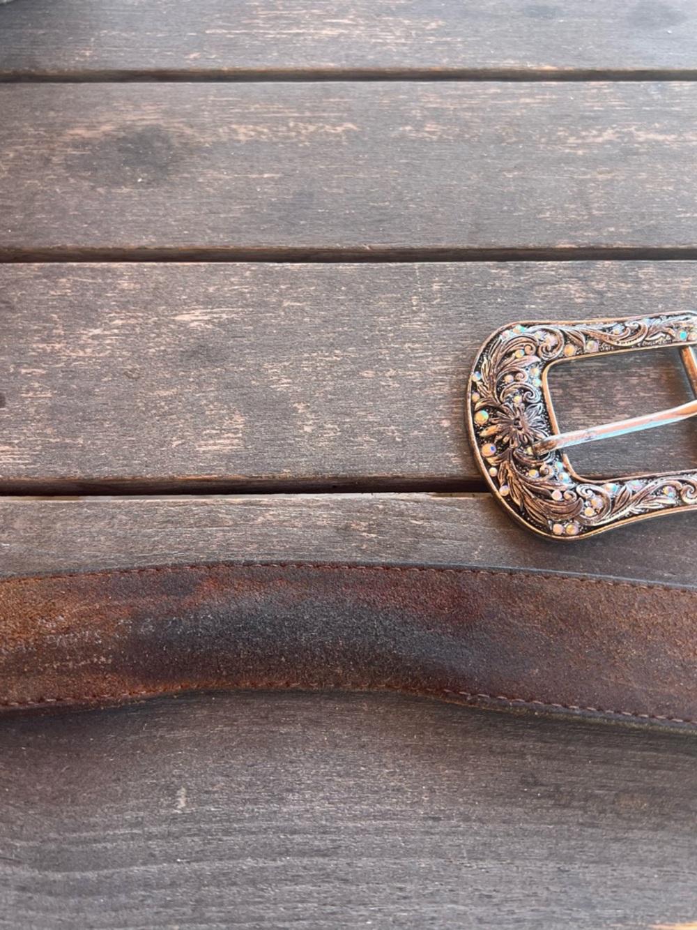 Justin Tooled Leather Western Belt Sz L / 34 Removable Rhinestone Scroll Buckle - Picture 12 of 14